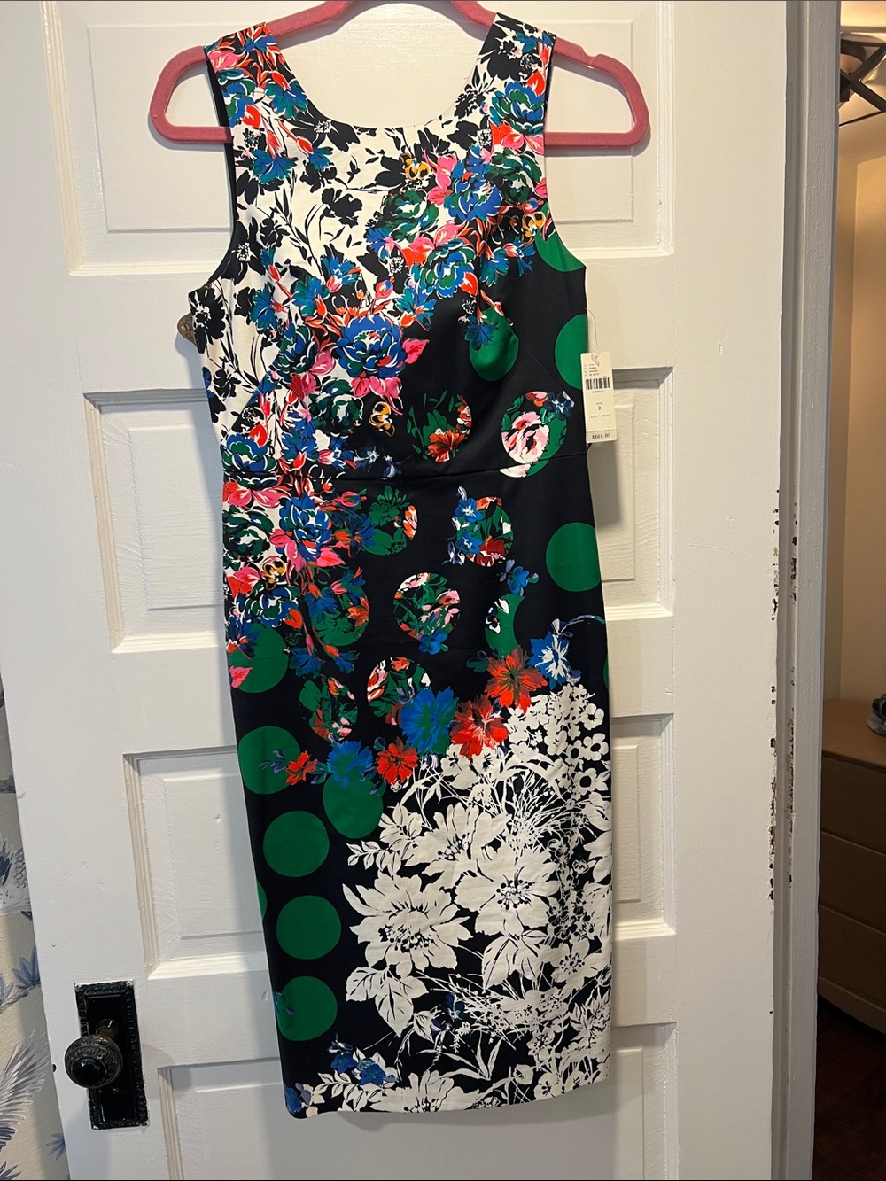Maeve Black Sheath Dress with Green Dots and Multicolor Floral Print